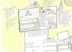 [ai] An illustration depicting a courtroom video hearing. A judge is shown at a desk, while a defendant appears on a screen. Text includes quotes about uncertain futures and legal limitations, with details about the court's location.